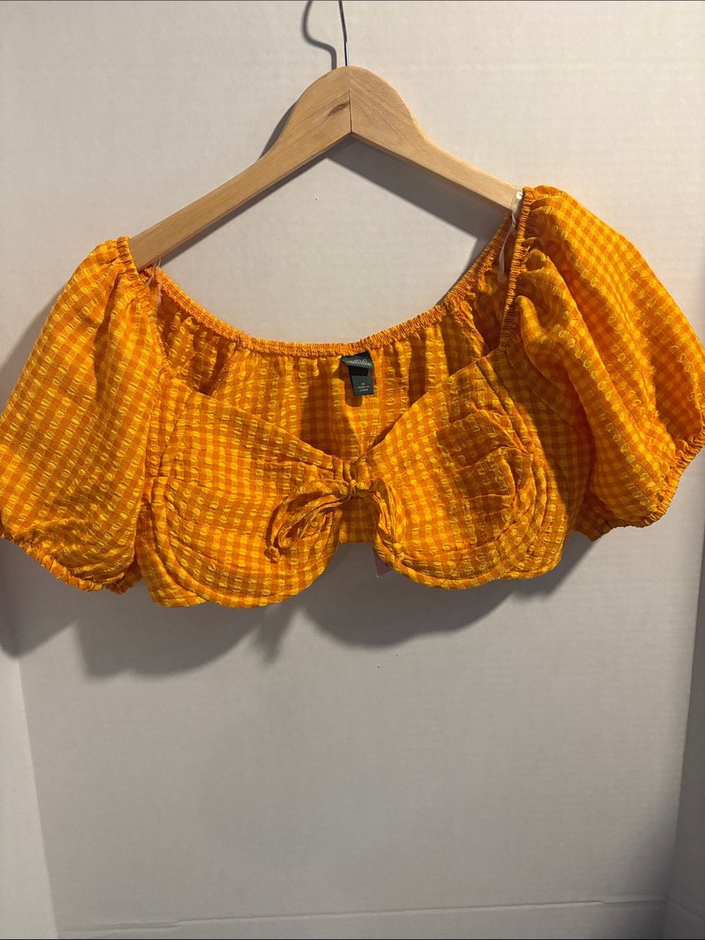 wild fable Yellow Gingham Puff Sleeve Tie-Front Crop Top